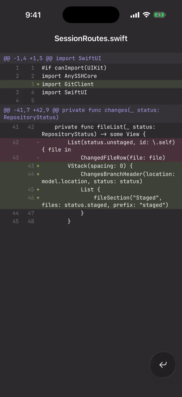 A git diff rendered with syntax highlighting in AnySSH