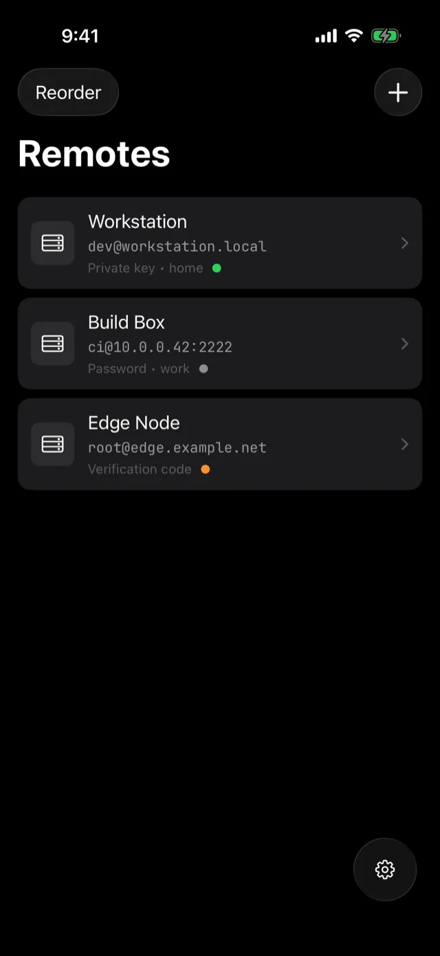 AnySSH remotes list with reachability indicators